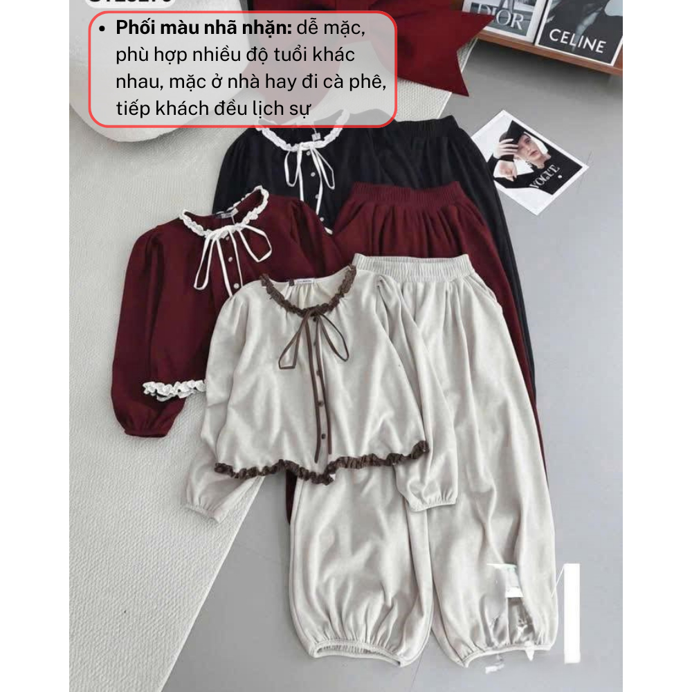 Bộ đồ nữ tay dài cổ nơ vintage, set đồ nữ quần bo gấu thanh lịch dễ thương HCOM27019