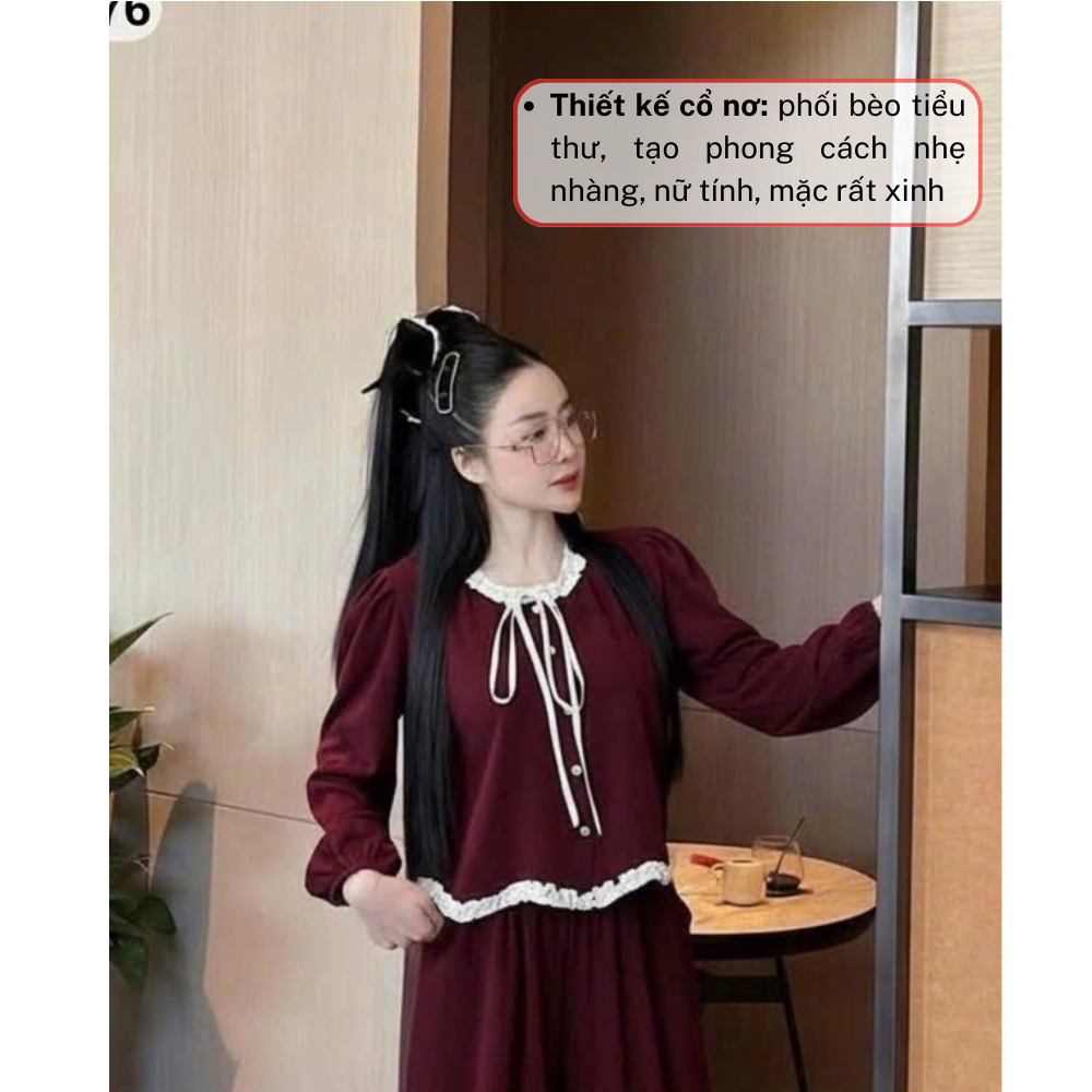 Bộ đồ nữ tay dài cổ nơ vintage, set đồ nữ quần bo gấu thanh lịch dễ thương HCOM27019