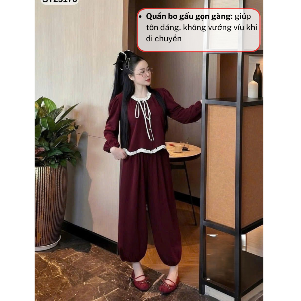 Bộ đồ nữ tay dài cổ nơ vintage, set đồ nữ quần bo gấu thanh lịch dễ thương HCOM27019
