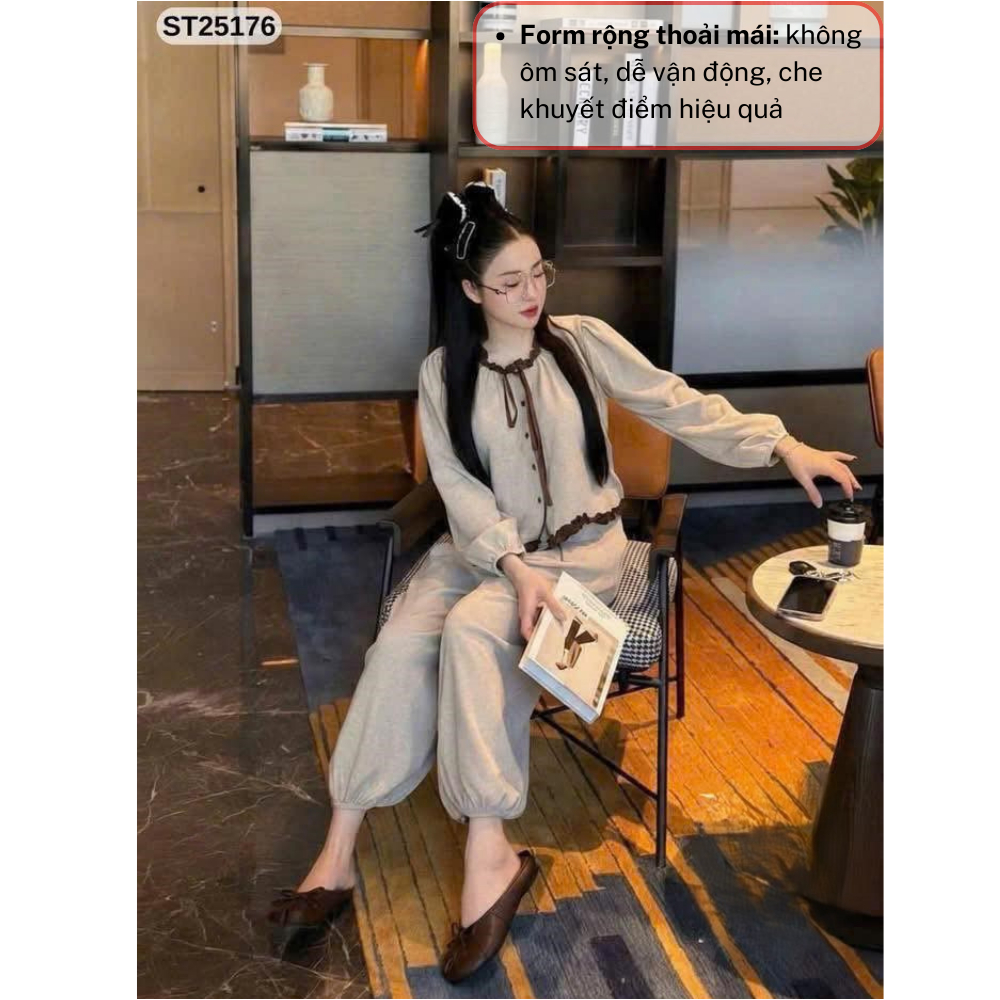 Bộ đồ nữ tay dài cổ nơ vintage, set đồ nữ quần bo gấu thanh lịch dễ thương HCOM27019