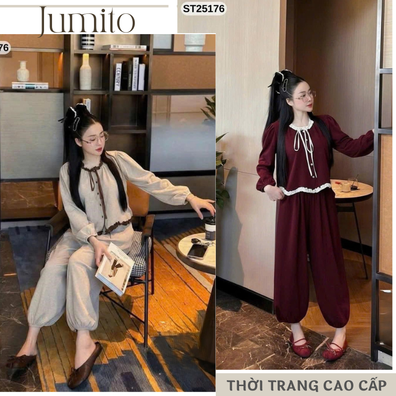 Bộ đồ nữ tay dài cổ nơ vintage, set đồ nữ quần bo gấu thanh lịch dễ thương HCOM27019