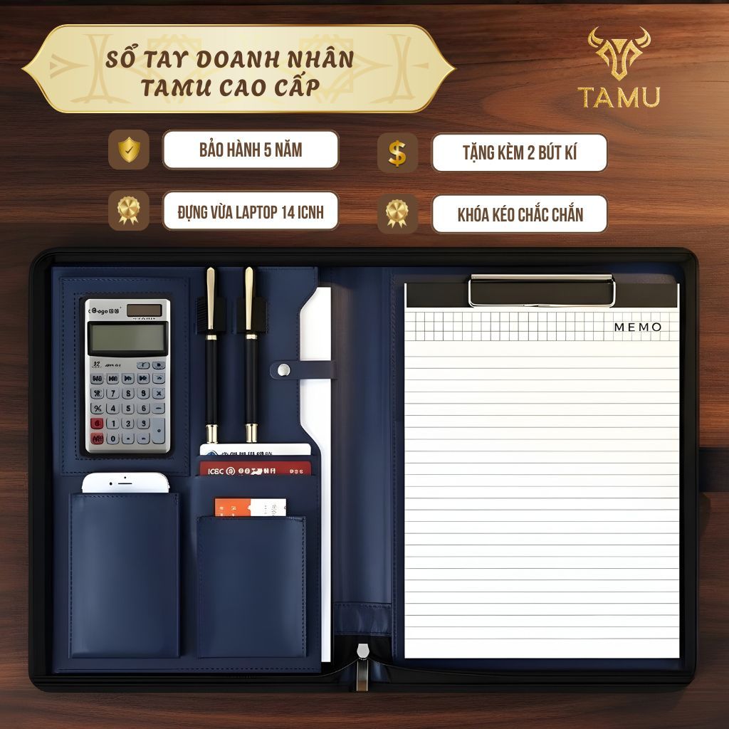 Sổ Tay Doanh Nhân TAMU Máy Tính 8 Chữ Số, Ngăn Laptop 14 Inch - Da PU, Chống Trầy Xước, Quà Lưu Niệm