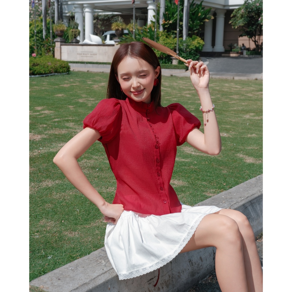 Áo Kiểu Nữ HAFINS Top Tay Phồng Phối Nút Tiểu Thư (Kèm áo trong) SECODEE