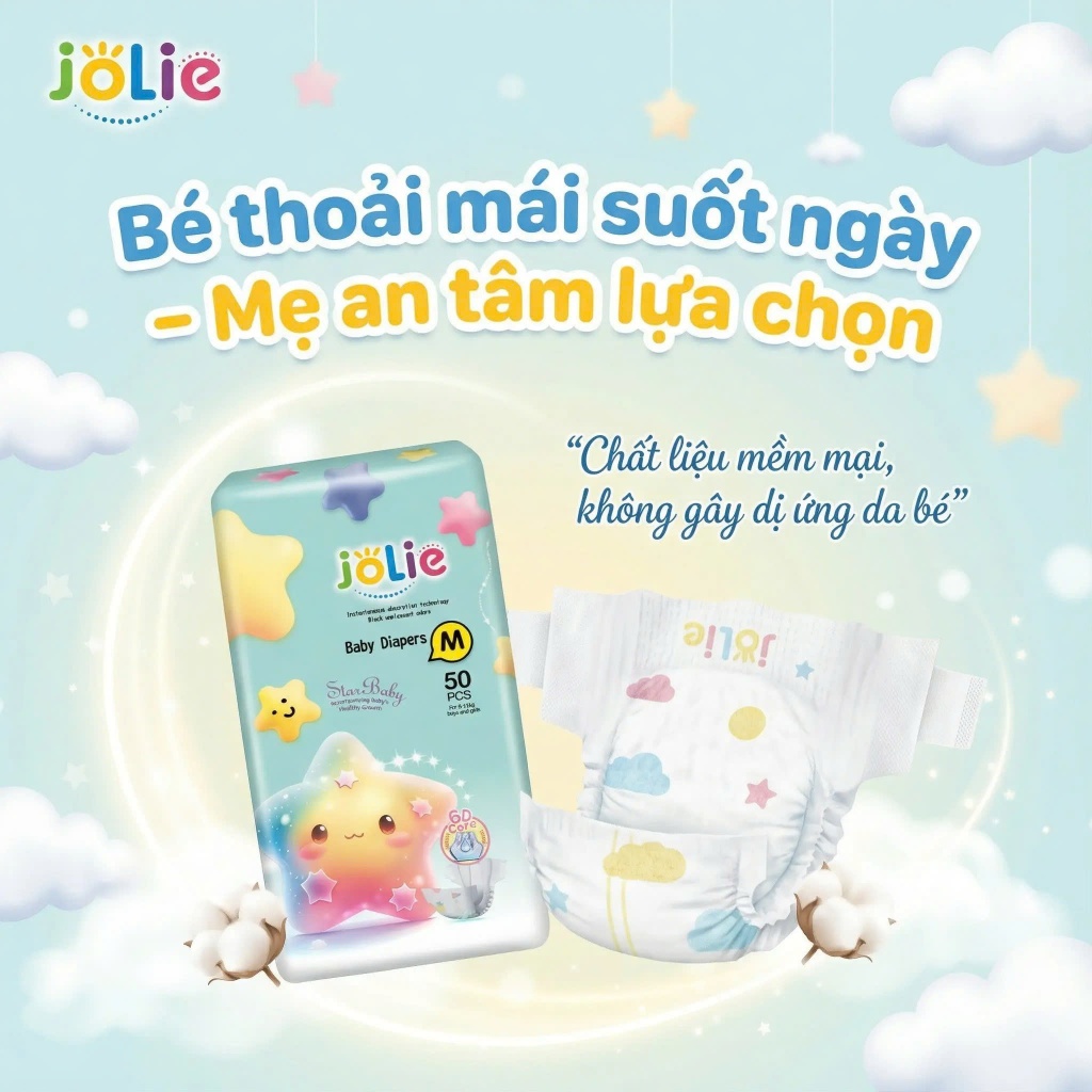 [100 miếng] Jolie Tã bỉm dán trẻ em size S/M/L– Khô thoáng, chống tràn