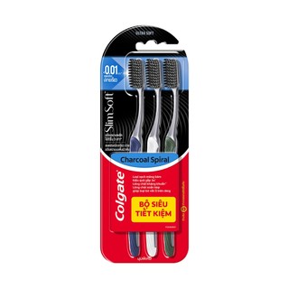 [MỚI] Bộ 3 Bàn chải Colgate Slimsoft Charcoal Spiral lông chải kháng khuẩn, xoắn kép loại sạch mảng bám
