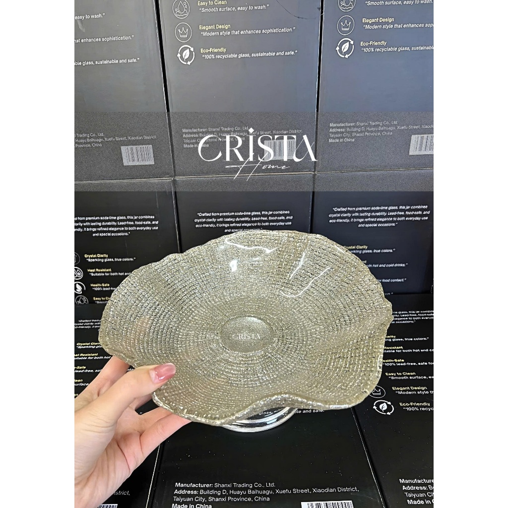 Đĩa Chân Bồng Thuỷ Tinh Vân Lưới Crista 24cm – Hàng Cao Cấp – 3 Màu Sang Trọng