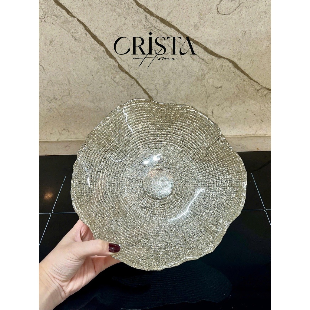 Đĩa Chân Bồng Thuỷ Tinh Vân Lưới Crista 24cm – Hàng Cao Cấp – 3 Màu Sang Trọng