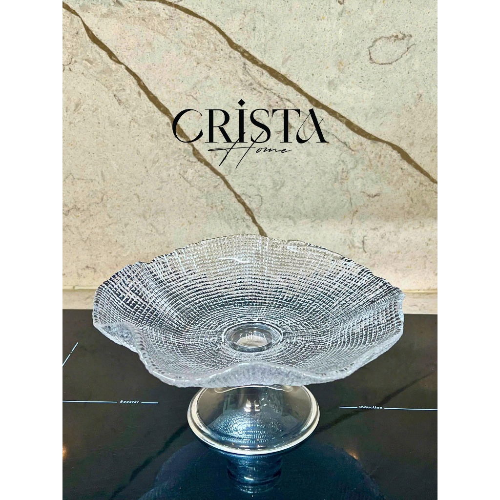 Đĩa Chân Bồng Thuỷ Tinh Vân Lưới Crista 24cm – Hàng Cao Cấp – 3 Màu Sang Trọng