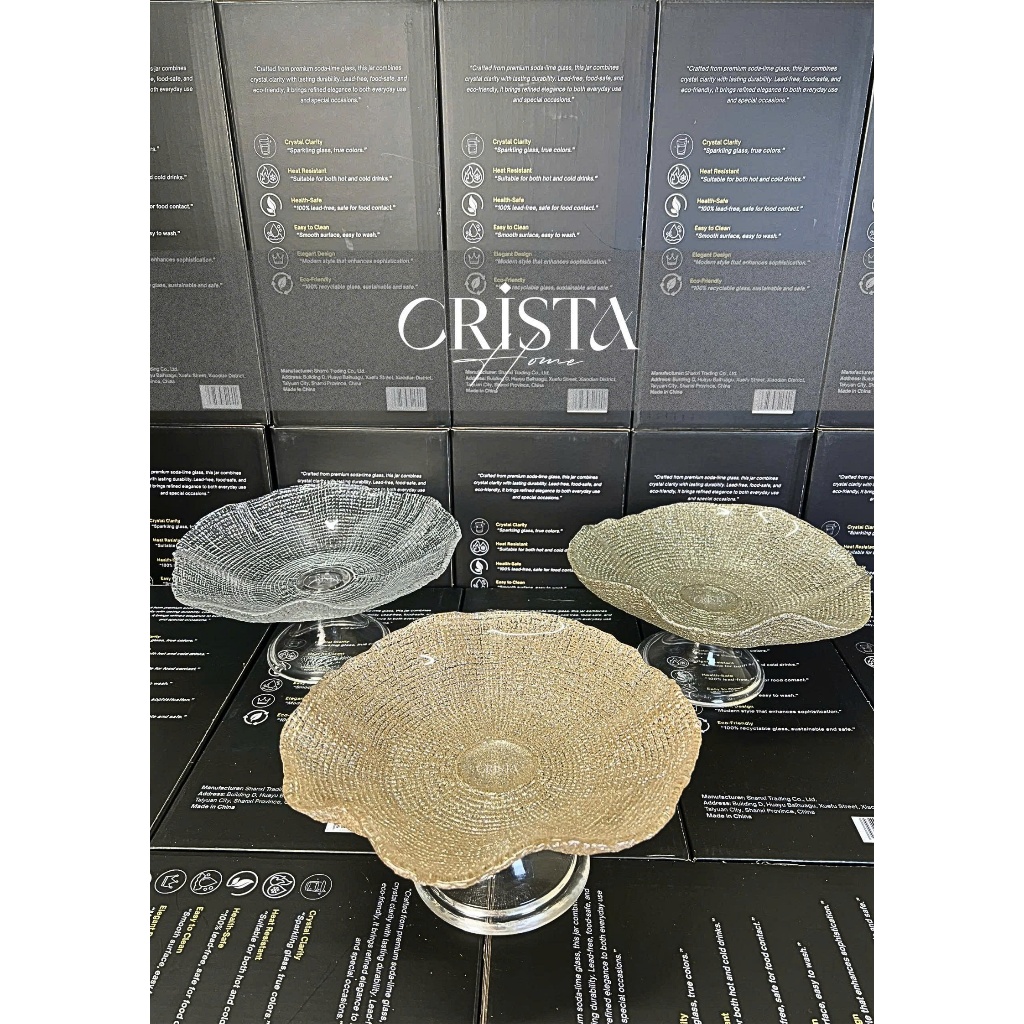 Đĩa Chân Bồng Thuỷ Tinh Vân Lưới Crista 24cm – Hàng Cao Cấp – 3 Màu Sang Trọng