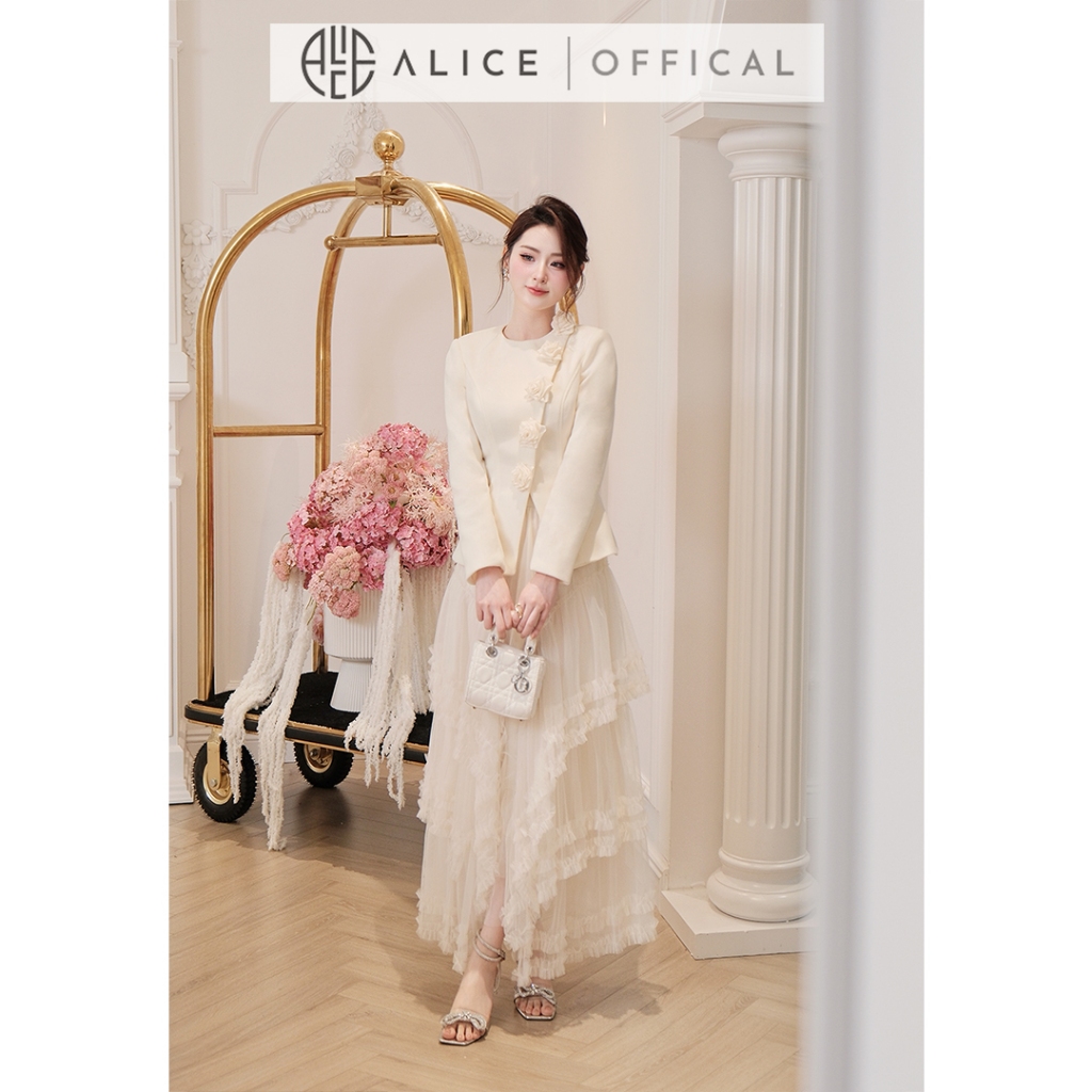 Set Váy Sang Chảnh Alice Áo Chất Dạ Ép Đính Hoa Lụa Thủ Công Phối Chân Váy Maxi Lưới Lót Lụa S1051