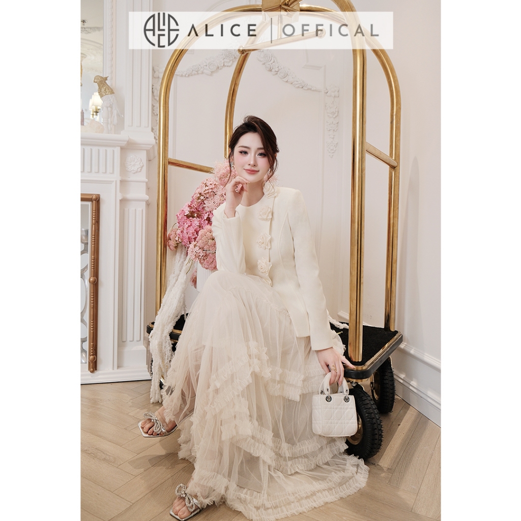 Set Váy Sang Chảnh Alice Áo Chất Dạ Ép Đính Hoa Lụa Thủ Công Phối Chân Váy Maxi Lưới Lót Lụa S1051