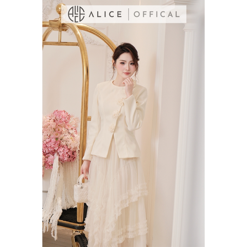 Set Váy Sang Chảnh Alice Áo Chất Dạ Ép Đính Hoa Lụa Thủ Công Phối Chân Váy Maxi Lưới Lót Lụa S1051