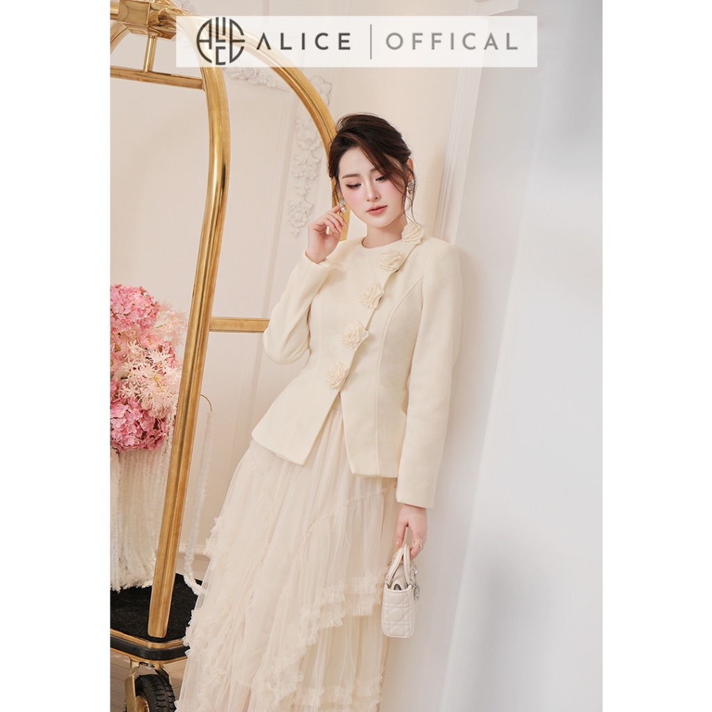 Set Váy Sang Chảnh Alice Áo Chất Dạ Ép Đính Hoa Lụa Thủ Công Phối Chân Váy Maxi Lưới Lót Lụa S1051