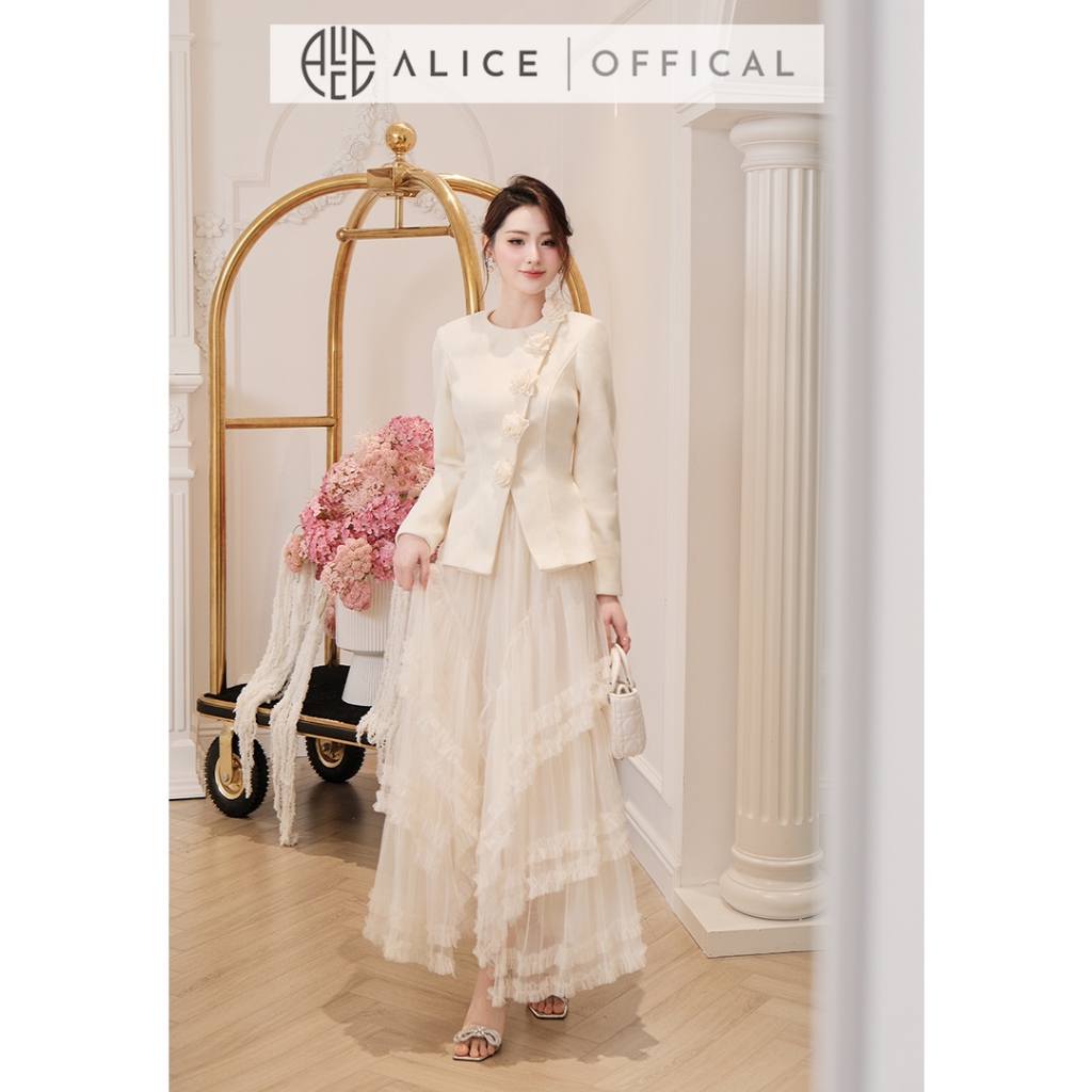 Set Váy Sang Chảnh Alice Áo Chất Dạ Ép Đính Hoa Lụa Thủ Công Phối Chân Váy Maxi Lưới Lót Lụa S1051