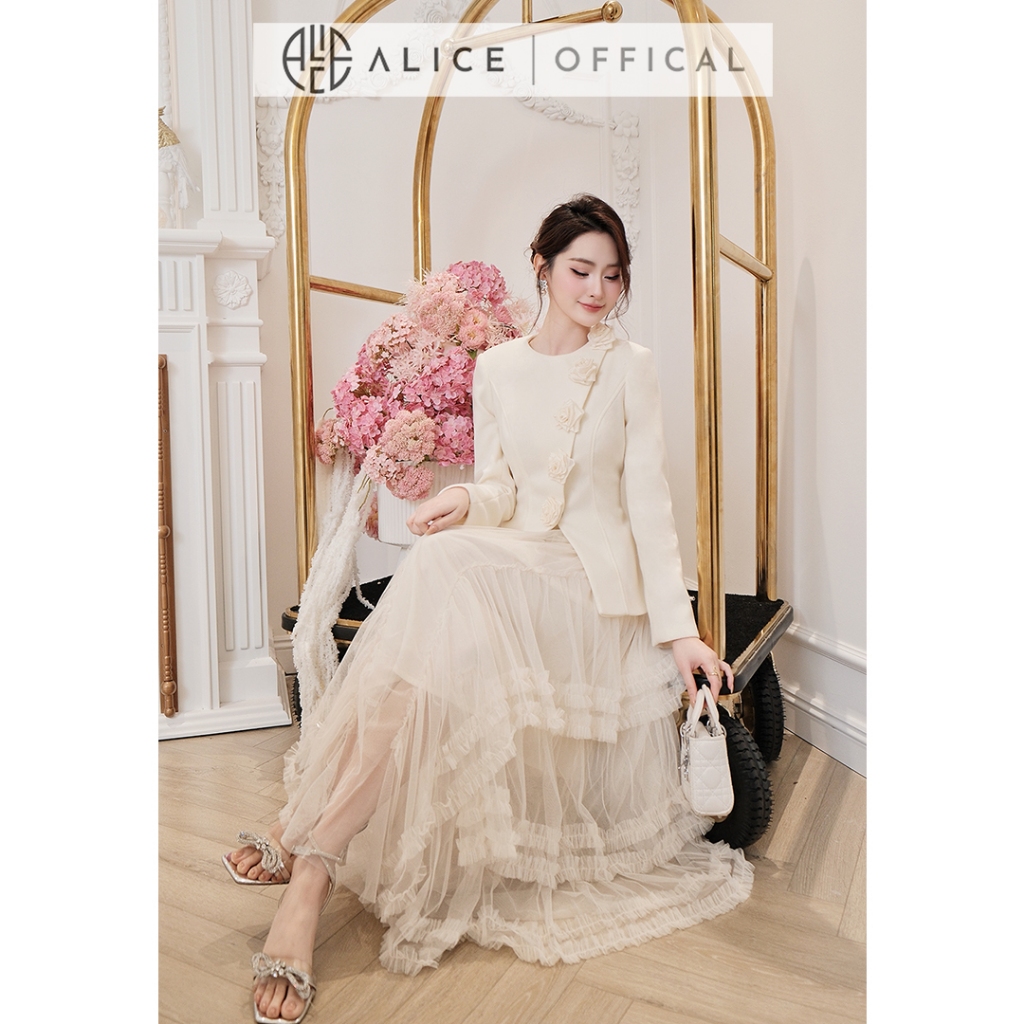 Set Váy Sang Chảnh Alice Áo Chất Dạ Ép Đính Hoa Lụa Thủ Công Phối Chân Váy Maxi Lưới Lót Lụa S1051