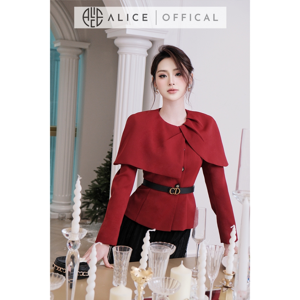 Set Váy Tết Alice Cao Cấp, Áo Vest Choàng Đỏ Chất Chéo Kaki Phối Chân Váy Lưới Dập Li Phong Cách Tiểu Thư A1063+CV1059