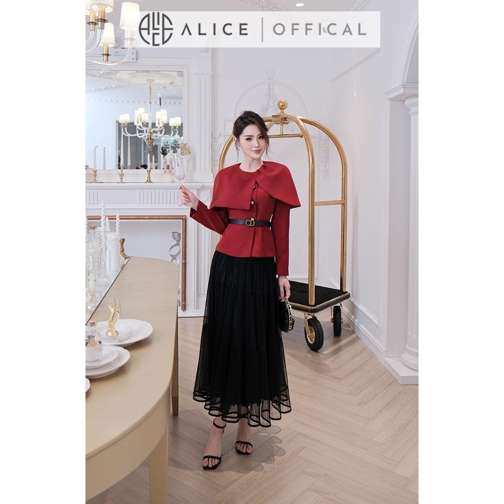 Set Váy Tết Alice Cao Cấp, Áo Vest Choàng Đỏ Chất Chéo Kaki Phối Chân Váy Lưới Dập Li Phong Cách Tiểu Thư A1063+CV1059