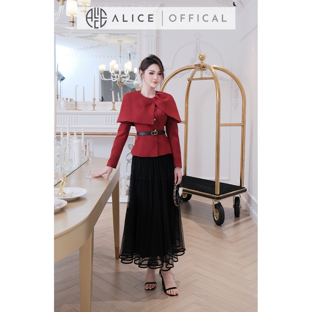 Set Váy Tết Alice Cao Cấp, Áo Vest Choàng Đỏ Chất Chéo Kaki Phối Chân Váy Lưới Dập Li Phong Cách Tiểu Thư A1063+CV1059
