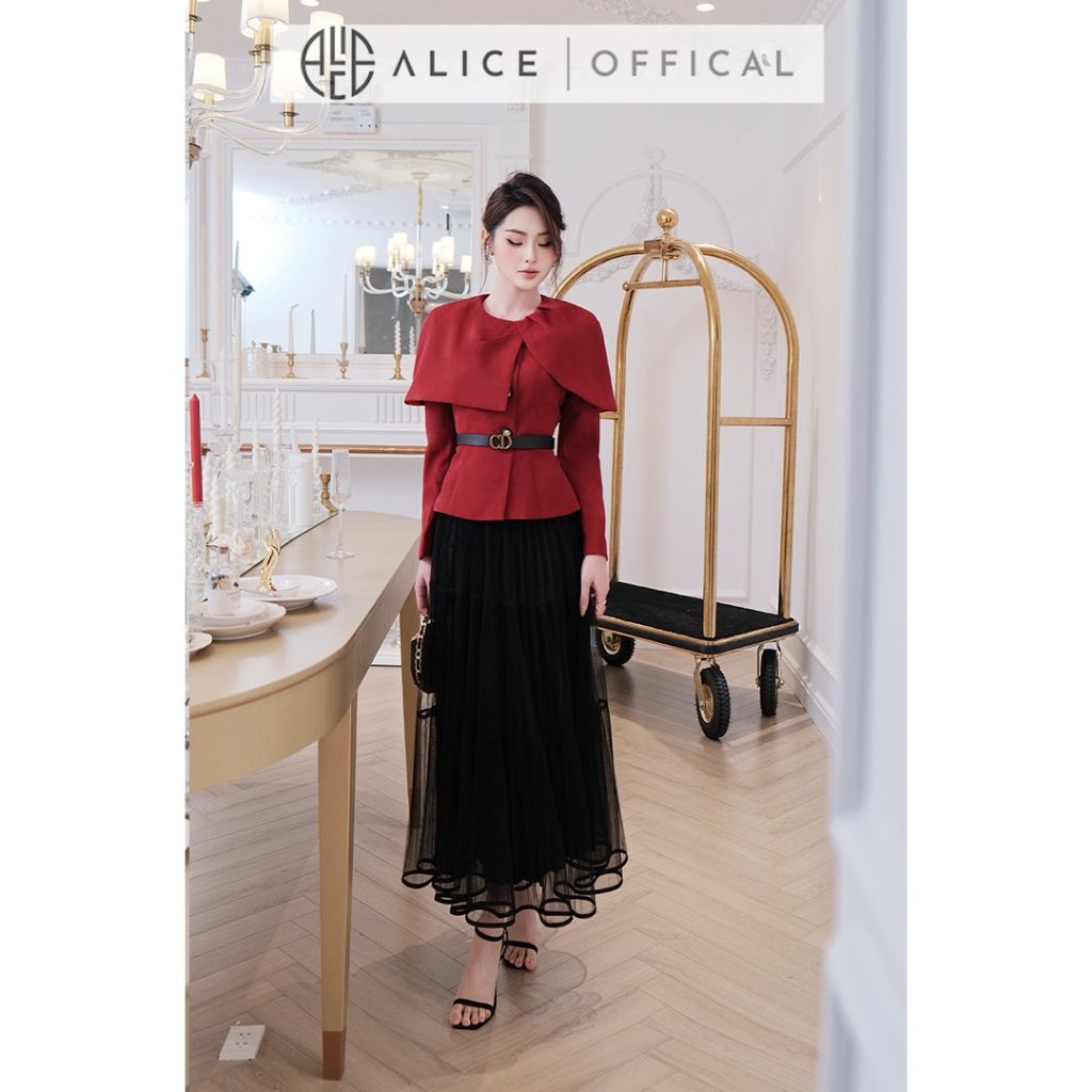 Set Váy Tết Alice Cao Cấp, Áo Vest Choàng Đỏ Chất Chéo Kaki Phối Chân Váy Lưới Dập Li Phong Cách Tiểu Thư A1063+CV1059