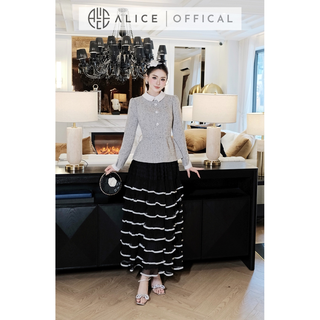 Set Váy Tết Alice Cao Cấp, Áo Dạ Tiêu Ép Mùng Phối Chân Váy Maxi Tơ Tầng Tiểu Thư Sang Chảnh S1060