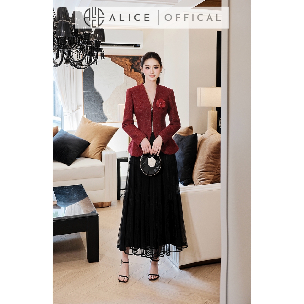 Set Váy Dạ Tết Alice Áo Dạ Tweed Đỏ Khóa Đồng Dọc Ngực Phối Chân Váy Lưới Dập Li Dáng Dài S1059