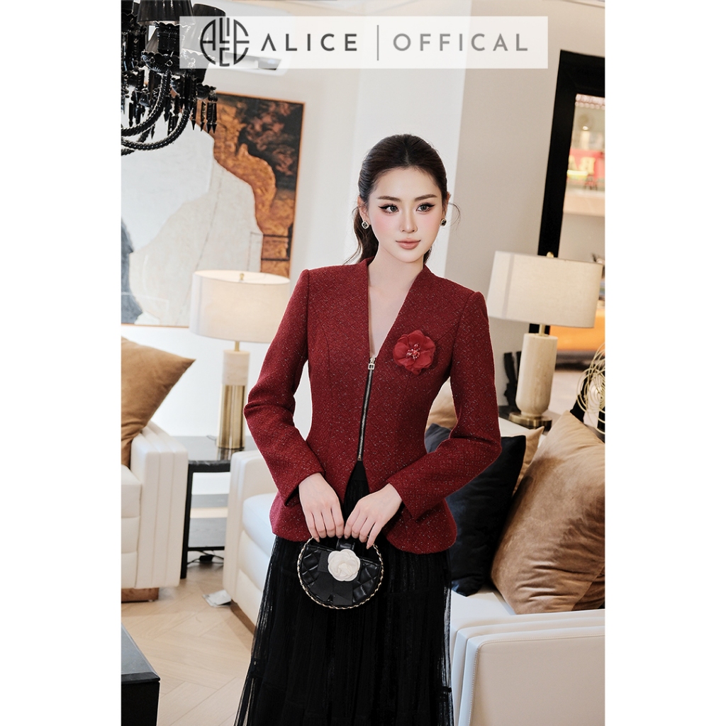 Set Váy Dạ Tết Alice Áo Dạ Tweed Đỏ Khóa Đồng Dọc Ngực Phối Chân Váy Lưới Dập Li Dáng Dài S1059