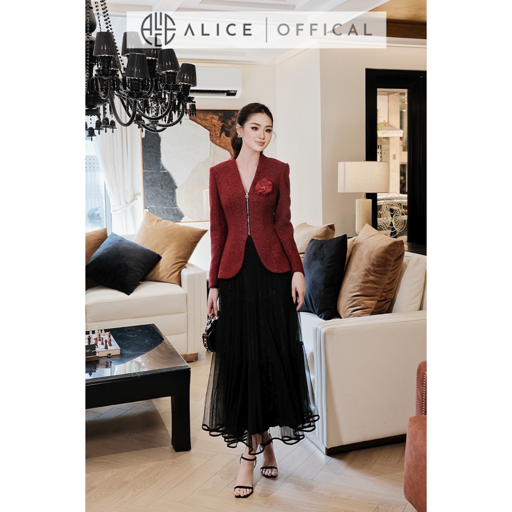 Set Váy Dạ Tết Alice Áo Dạ Tweed Đỏ Khóa Đồng Dọc Ngực Phối Chân Váy Lưới Dập Li Dáng Dài S1059