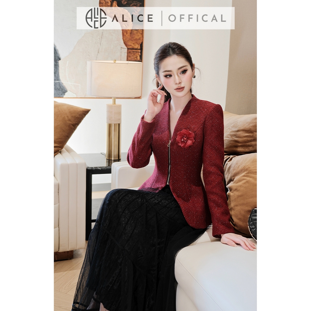 Set Váy Dạ Tết Alice Áo Dạ Tweed Đỏ Khóa Đồng Dọc Ngực Phối Chân Váy Lưới Dập Li Dáng Dài S1059