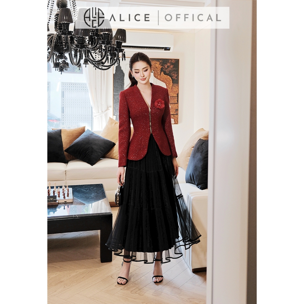 Set Váy Dạ Tết Alice Áo Dạ Tweed Đỏ Khóa Đồng Dọc Ngực Phối Chân Váy Lưới Dập Li Dáng Dài S1059