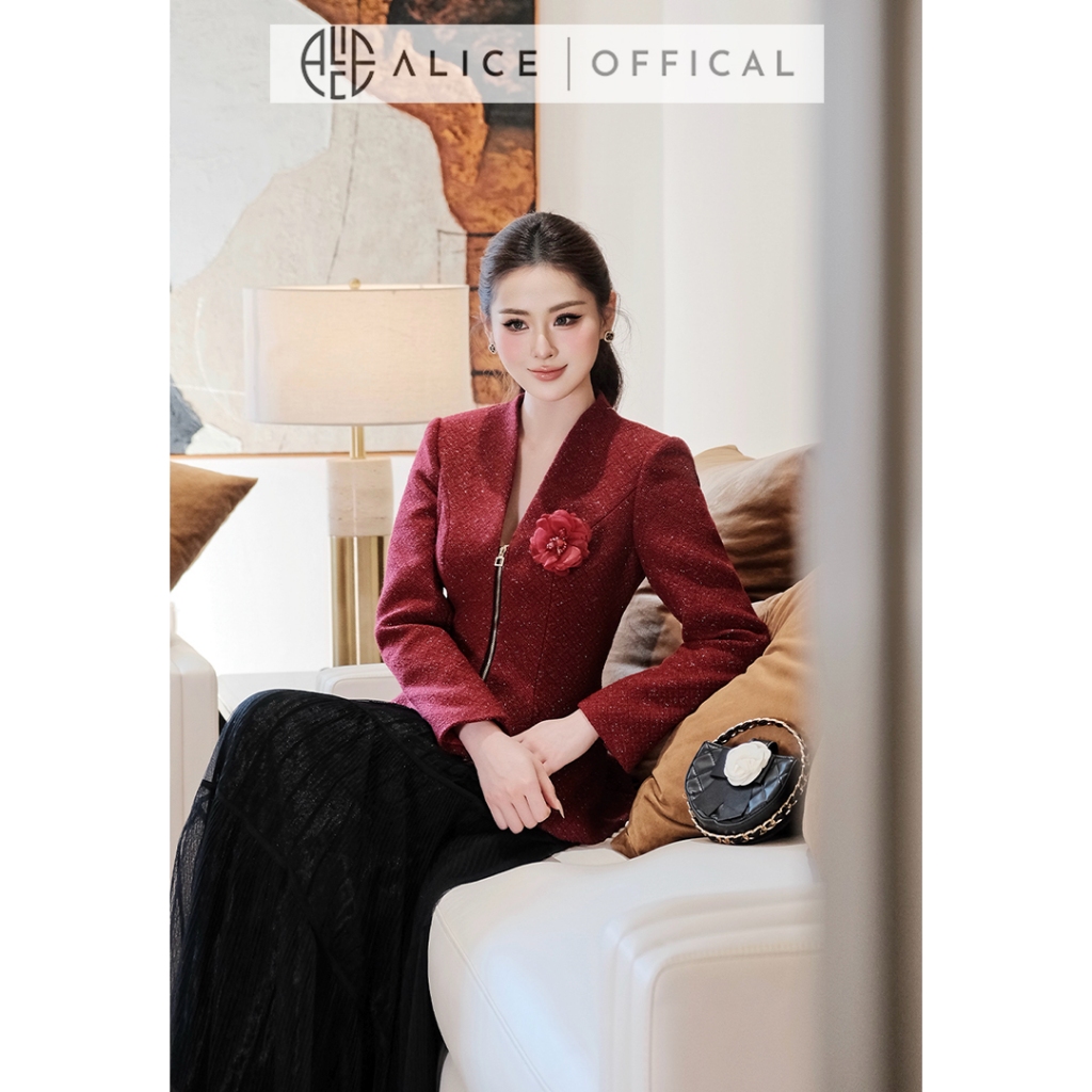 Set Váy Dạ Tết Alice Áo Dạ Tweed Đỏ Khóa Đồng Dọc Ngực Phối Chân Váy Lưới Dập Li Dáng Dài S1059