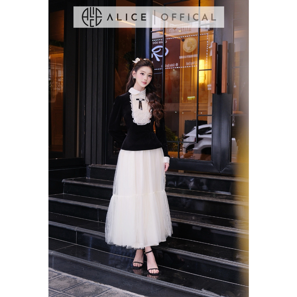Set Váy Tiểu Thư Cao Cấp Alice Áo Nhung Cổ Phối Ren Đính Nơ Kèm Chân Váy Lưới Tầng Phong Cách Retro Tiểu Thư S1056