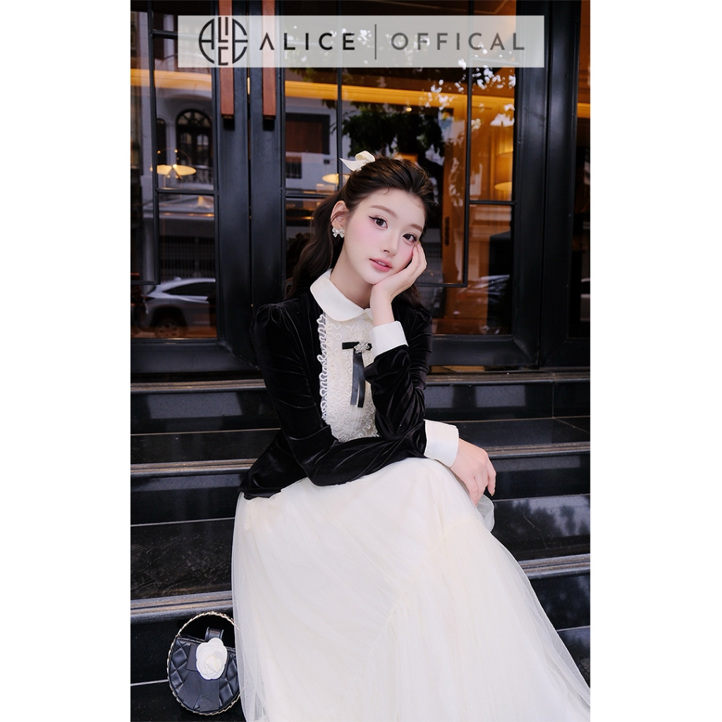 Set Váy Tiểu Thư Cao Cấp Alice Áo Nhung Cổ Phối Ren Đính Nơ Kèm Chân Váy Lưới Tầng Phong Cách Retro Tiểu Thư S1056