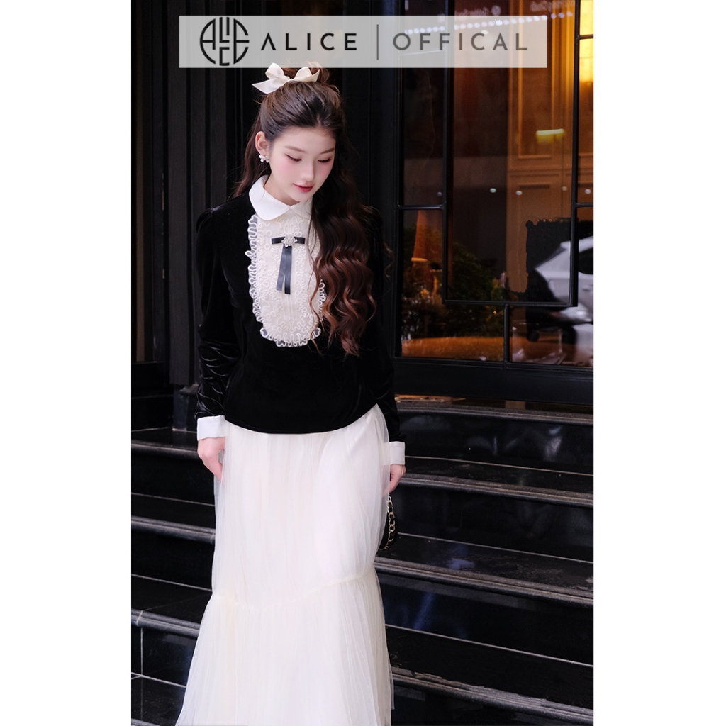 Set Váy Tiểu Thư Cao Cấp Alice Áo Nhung Cổ Phối Ren Đính Nơ Kèm Chân Váy Lưới Tầng Phong Cách Retro Tiểu Thư S1056