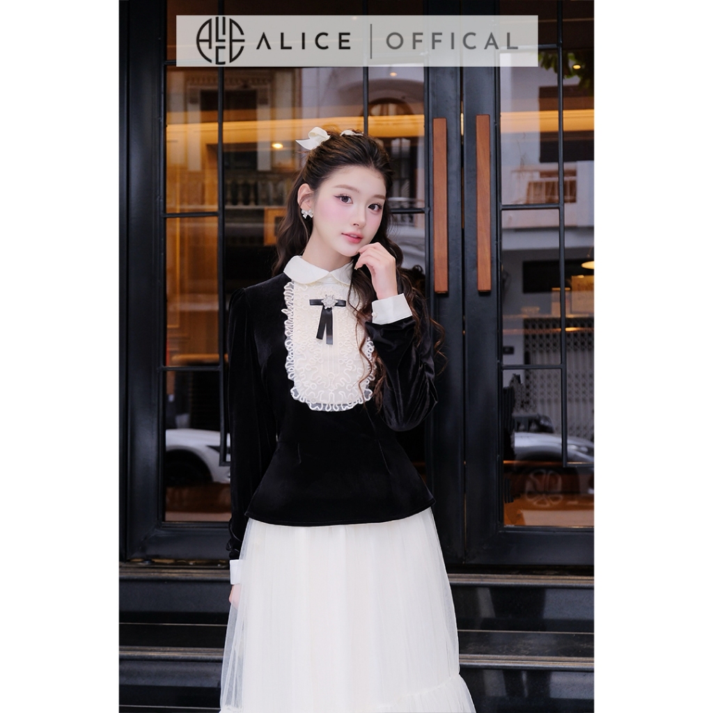 Set Váy Tiểu Thư Cao Cấp Alice Áo Nhung Cổ Phối Ren Đính Nơ Kèm Chân Váy Lưới Tầng Phong Cách Retro Tiểu Thư S1056