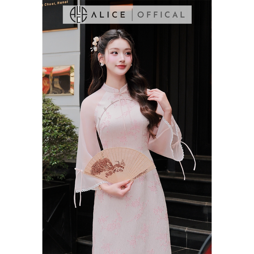 Áo Dài Tố Trân Alice Chất Gấm Phối Thơ, Áo Dài Cách Tân Cổ Truyền Thống Phối Tay Lửng Xòe Phù Hợp Các Dịp Lễ Tết AD1061