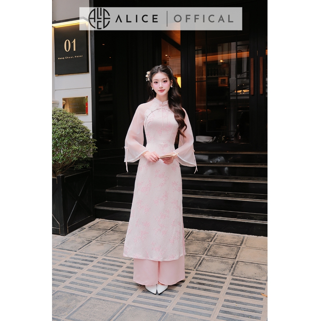 Áo Dài Tố Trân Alice Chất Gấm Phối Thơ, Áo Dài Cách Tân Cổ Truyền Thống Phối Tay Lửng Xòe Phù Hợp Các Dịp Lễ Tết AD1061