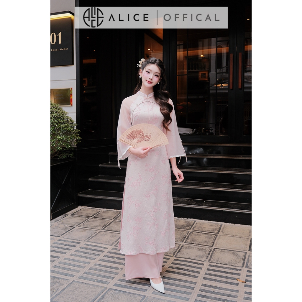 Áo Dài Tố Trân Alice Chất Gấm Phối Thơ, Áo Dài Cách Tân Cổ Truyền Thống Phối Tay Lửng Xòe Phù Hợp Các Dịp Lễ Tết AD1061