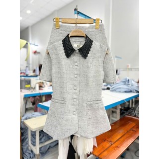 Set đồ nữ áo vest sát nách cổ phối ren + chân váy ngắn, sang chảnh thanh lịch HB.Studio S91