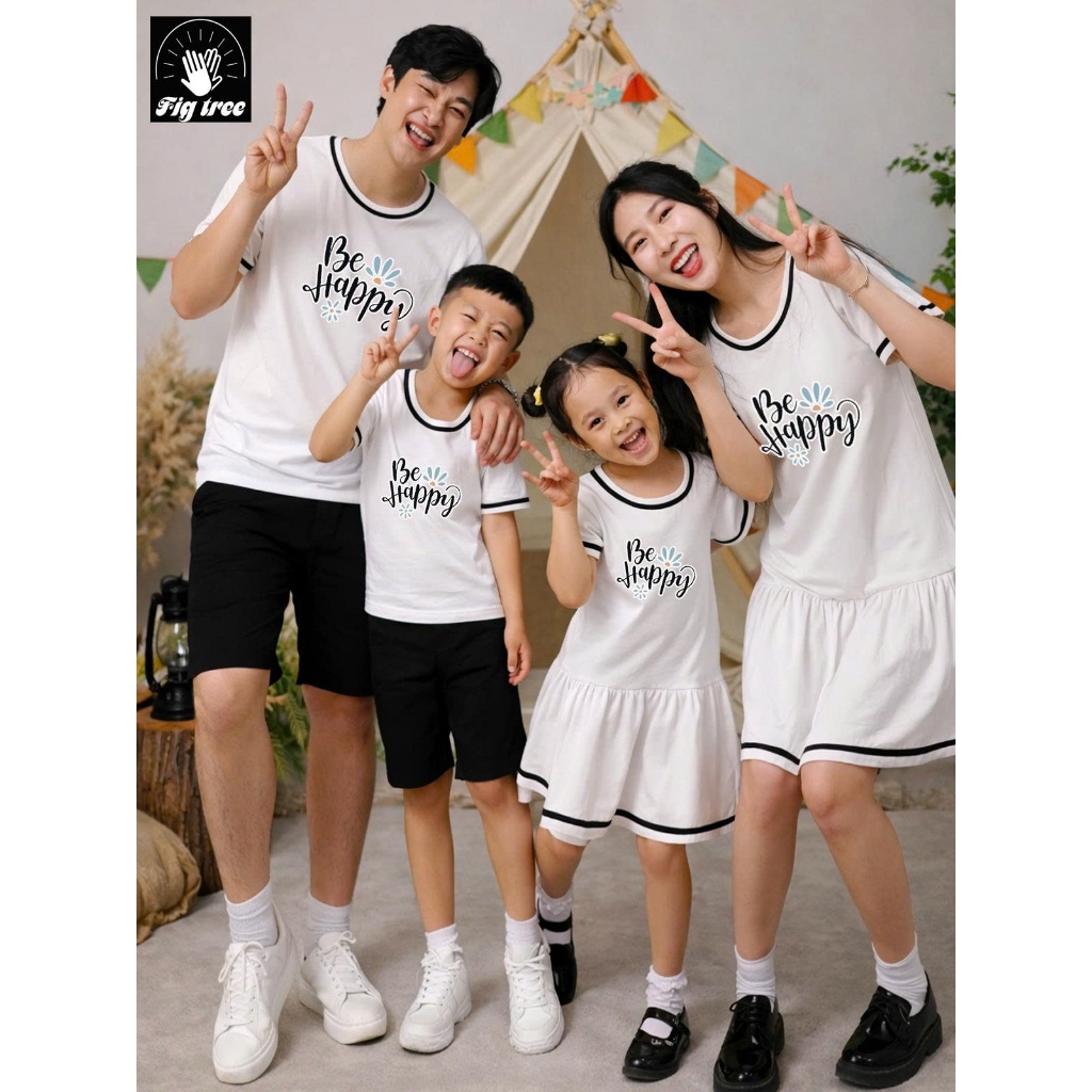 Đồ Thun Gia đình Fig Tree,Thun Cotton Màu Trắng Viền Đen in chữ BE HAPPY (hàng thiết kế, full size)