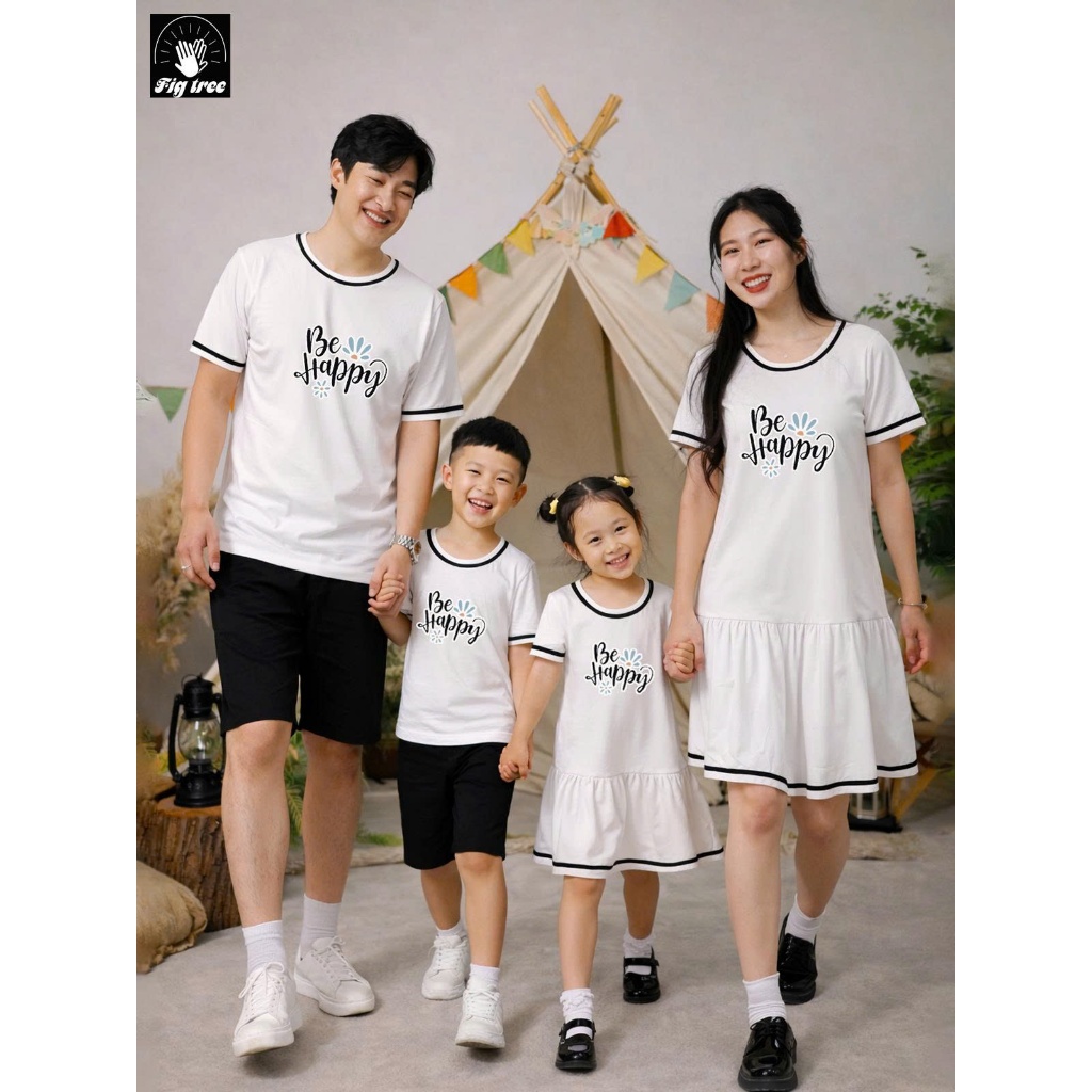 Đồ Thun Gia đình Fig Tree,Thun Cotton Màu Trắng Viền Đen in chữ BE HAPPY (hàng thiết kế, full size)