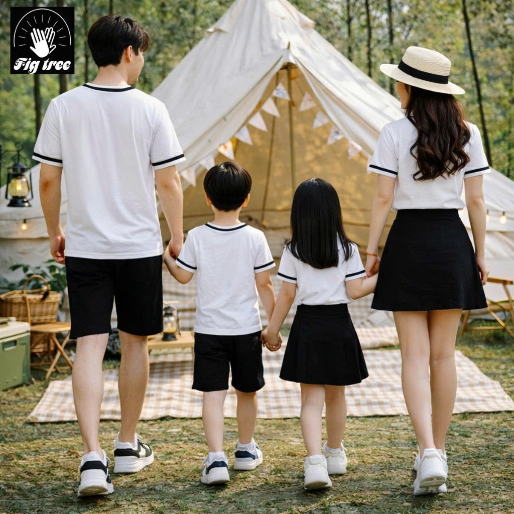 Áo Thun Gia Đình Fig Tree Màu Trắng Phối Viền Đen Năng Động, in Be Happy Siêu Cưng Cho Gia Đình