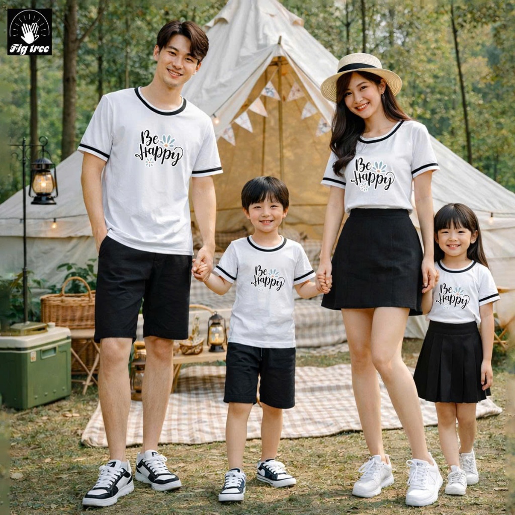 Áo Thun Gia Đình Fig Tree Màu Trắng Phối Viền Đen Năng Động, in Be Happy Siêu Cưng Cho Gia Đình