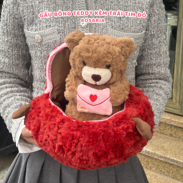 (Valentine 2026) Gấu bông hình Trái tim đỏ kèm Teddy ôm thư cao cấp, Thú bông 2in1 làm quà tặng ý nghĩa
