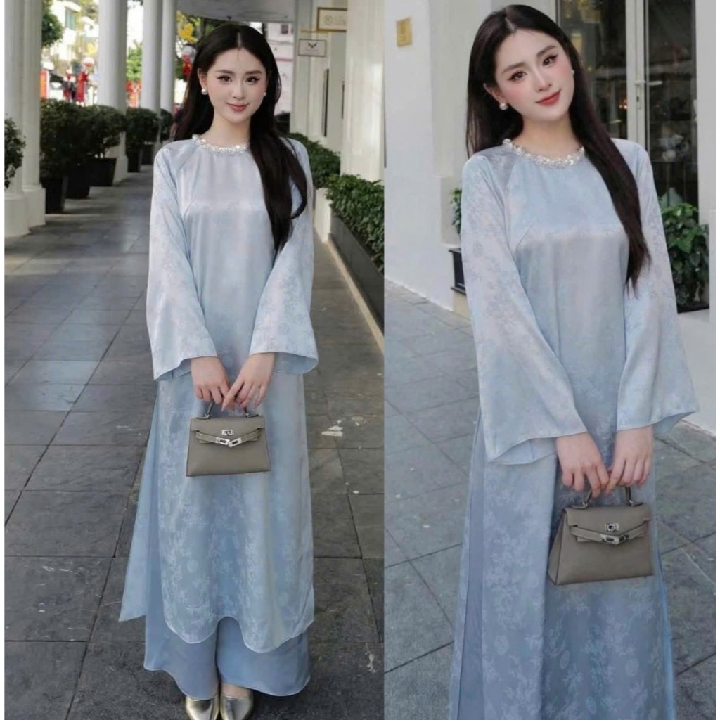 Áo dài cách tân cổ tròn đính kim sa lụa gấm trúc dáng suông sang chảnh + Quần lụa dài ống rộng truyền thống lễ tết T1462