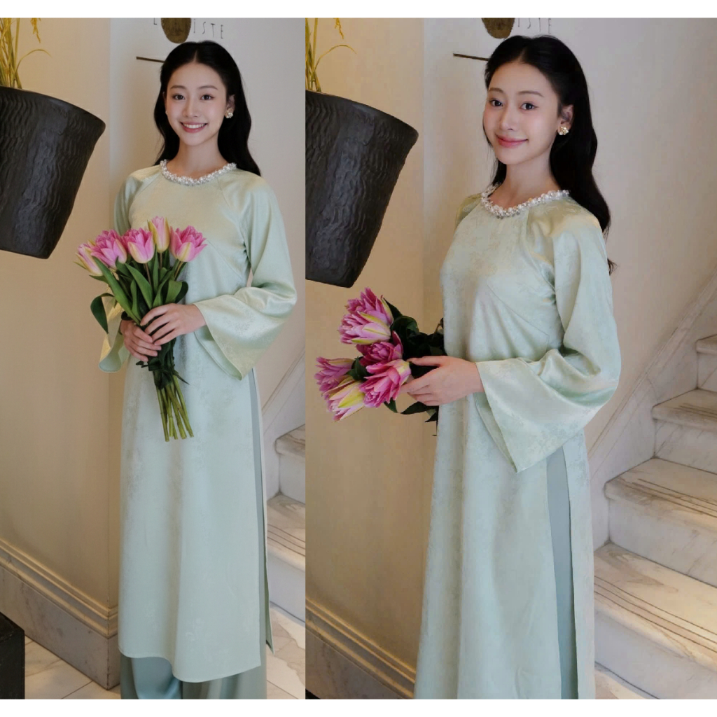 Áo dài cách tân cổ tròn đính kim sa lụa gấm trúc dáng suông sang chảnh + Quần lụa dài ống rộng truyền thống lễ tết T1462
