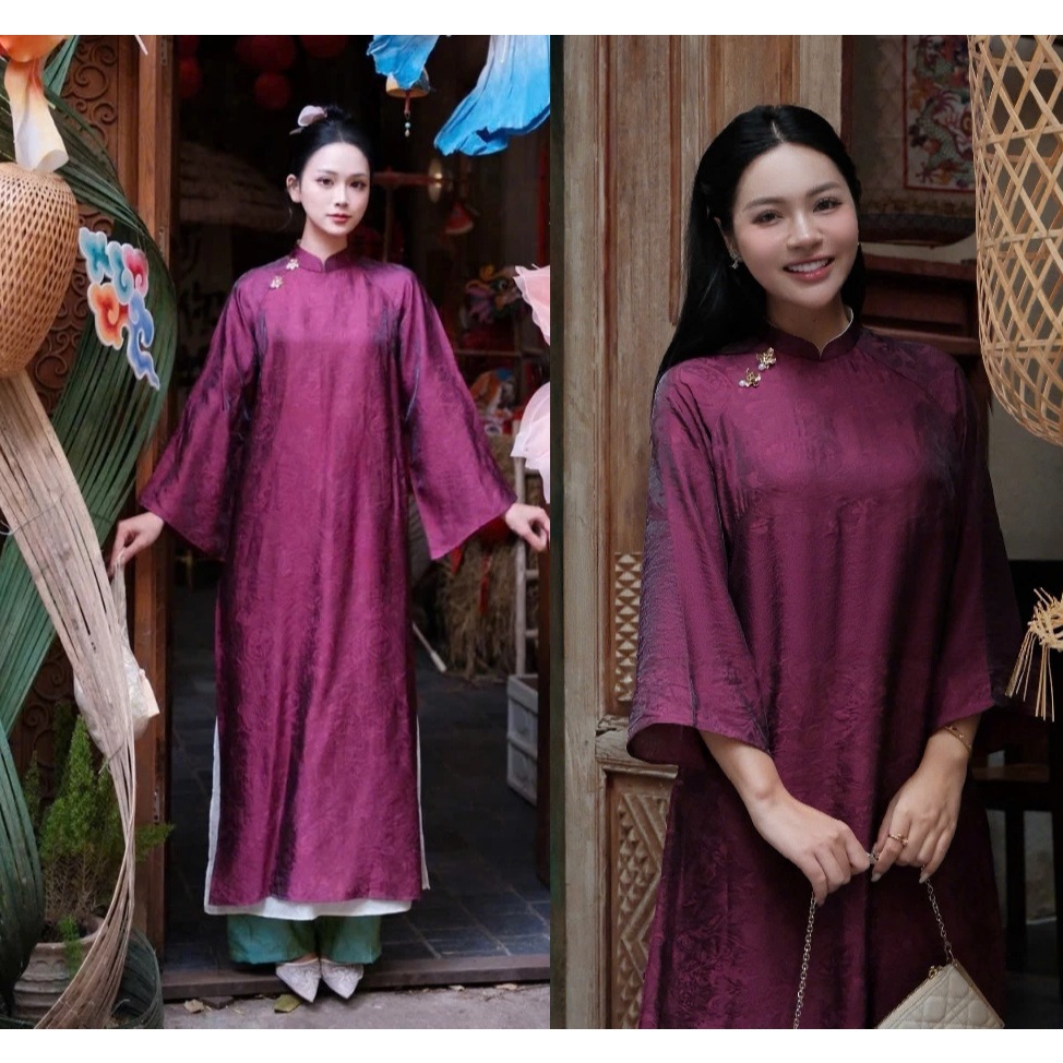 Set áo dài cách tân suông 4 tà chất tằm óng đính cúc tay lỡ cổ cao + Quần lụa ống rộng trẻ trung mặc lễ Tết T1484G