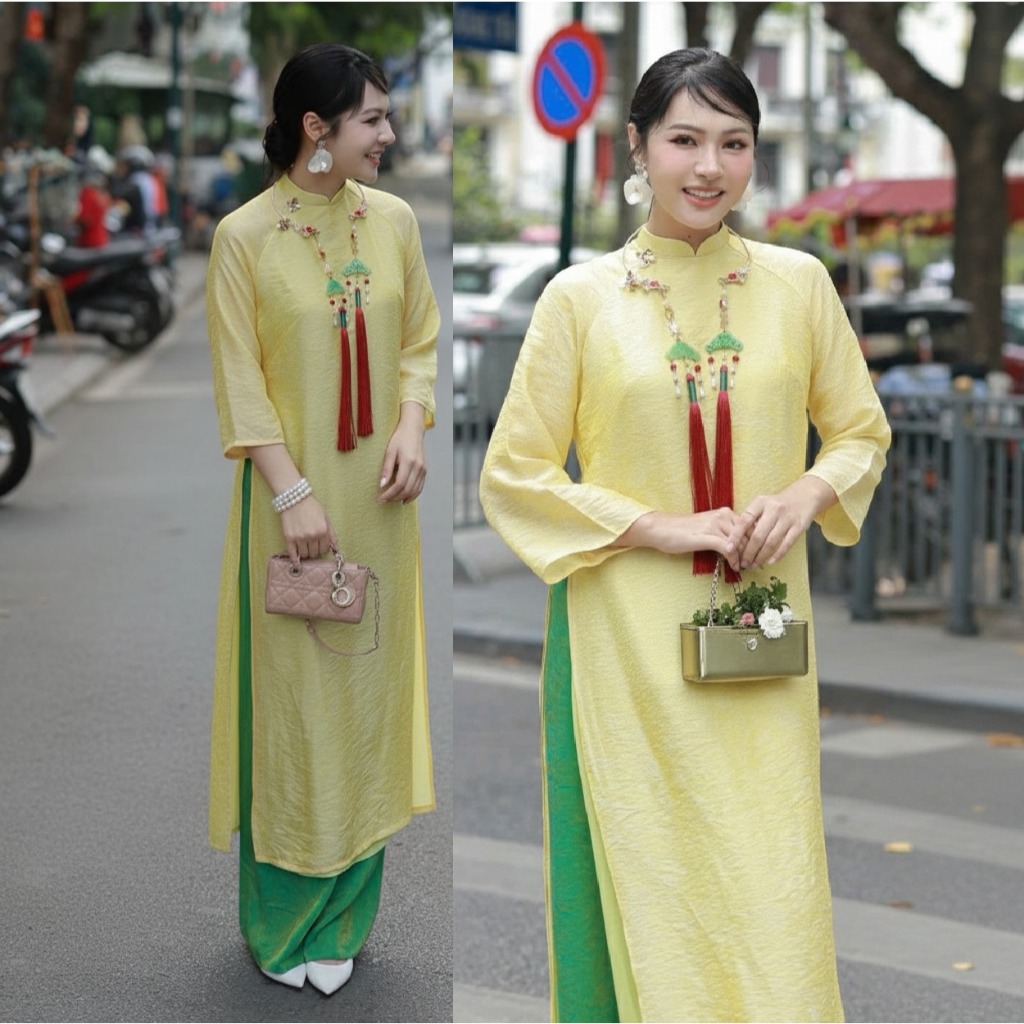 Áo  dài cách tân chất voan tơ óng 4 tà  đính khuy vải kèm quần lụa ống rộng đi lễ tết sang trọng truyền thống T1485G