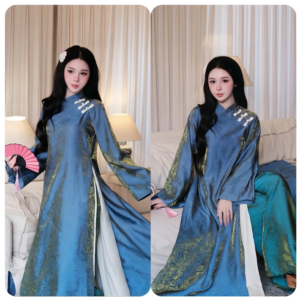 Áo  dài cách tân chất voan tơ óng 4 tà  đính khuy vải kèm quần lụa ống rộng đi lễ tết sang trọng truyền thống T1485G