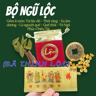 Bộ Ngũ Lộc Chiêu Tài 6 Món – Túi Nhung, Xu, Vàng Thỏi, Tờ Ngũ Phúc, Vỏ Thanh Quế, Chỉ Đỏ Đã Khai Quang