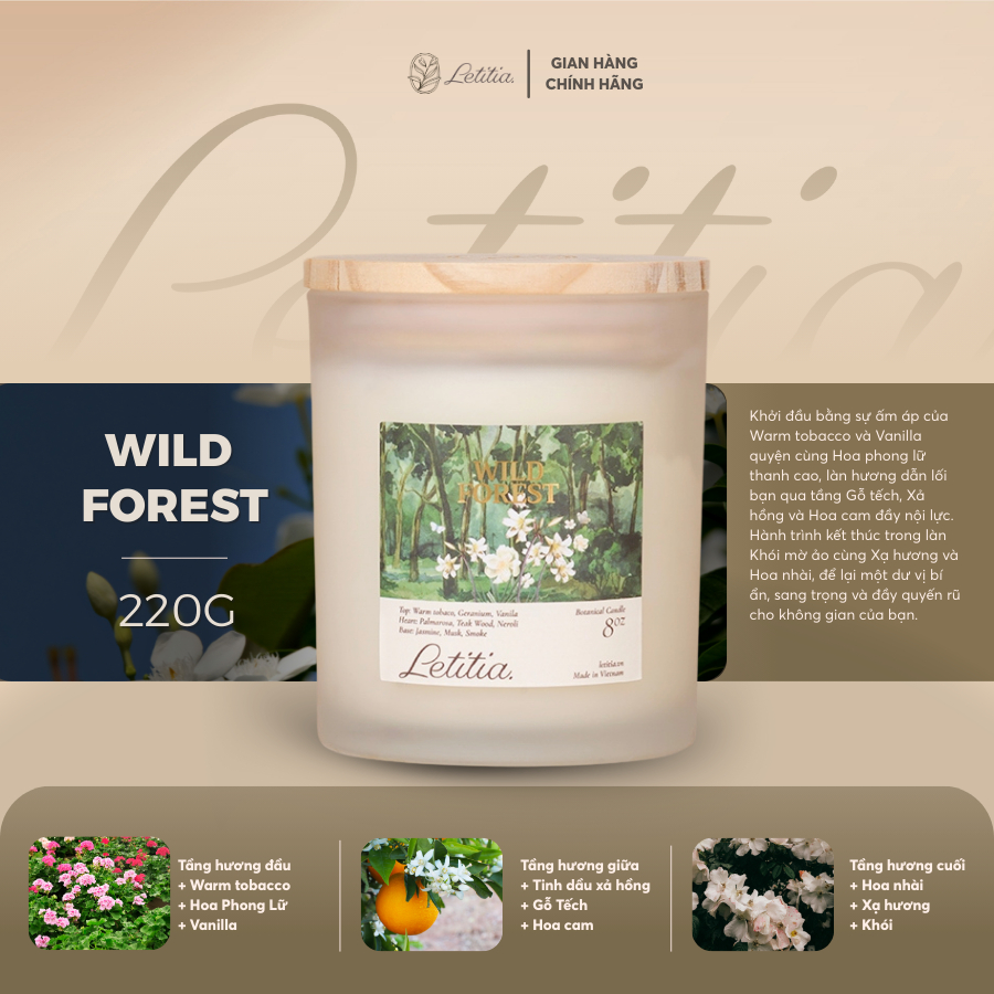 Nến Thơm Cao Cấp Letitia Wild Forest - Hương Gỗ Trầm Ấm Sang Trọng, Giúp Thư Giãn, Dễ Ngủ